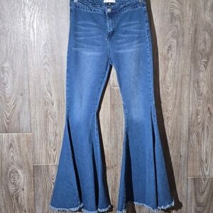 SJ Style Super Flare Jeans Womens Medium‎ High Rise Frayed Hem Bell Bottoms 70s